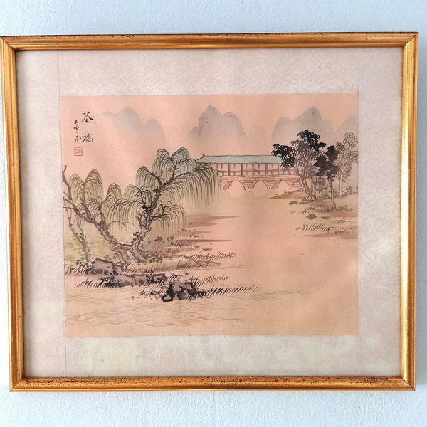 Japanese silk painting, oriental wall art, Chinese painting on silk, Japanese landscape in wooden gilded frame