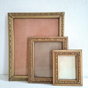 May include: Three rectangular picture frames with ornate gold-toned borders arranged in a cascading size order. The largest frame contains a textured salmon-colored backing, the medium frame has a brown insert, and the smallest frame holds a white backing.