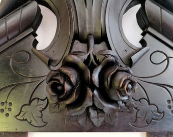 antique arquitectural salvage, Vintage black furniture pediment, hand carved floral bed headboard, chateau decor