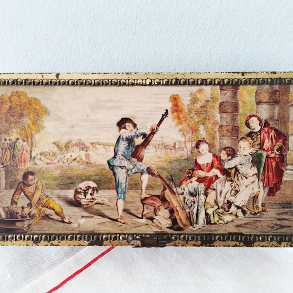 antique tin box, Antoine Watteau The Music Party tin box, vintage Baroque Rococo tin box, cosy room decor , victorian trinket box