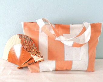 Summer tote bag, hand made striped orange tote, waterproof beach bag, salmon orange shoulder bag, canvas tote, waxed hollyday bag
