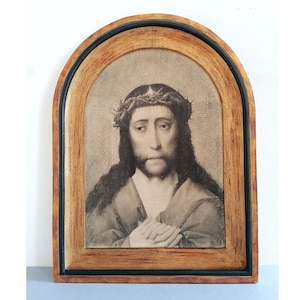 Vintage Christ image, christ with crown of thorns, home altar, catholic art, crucified Christ