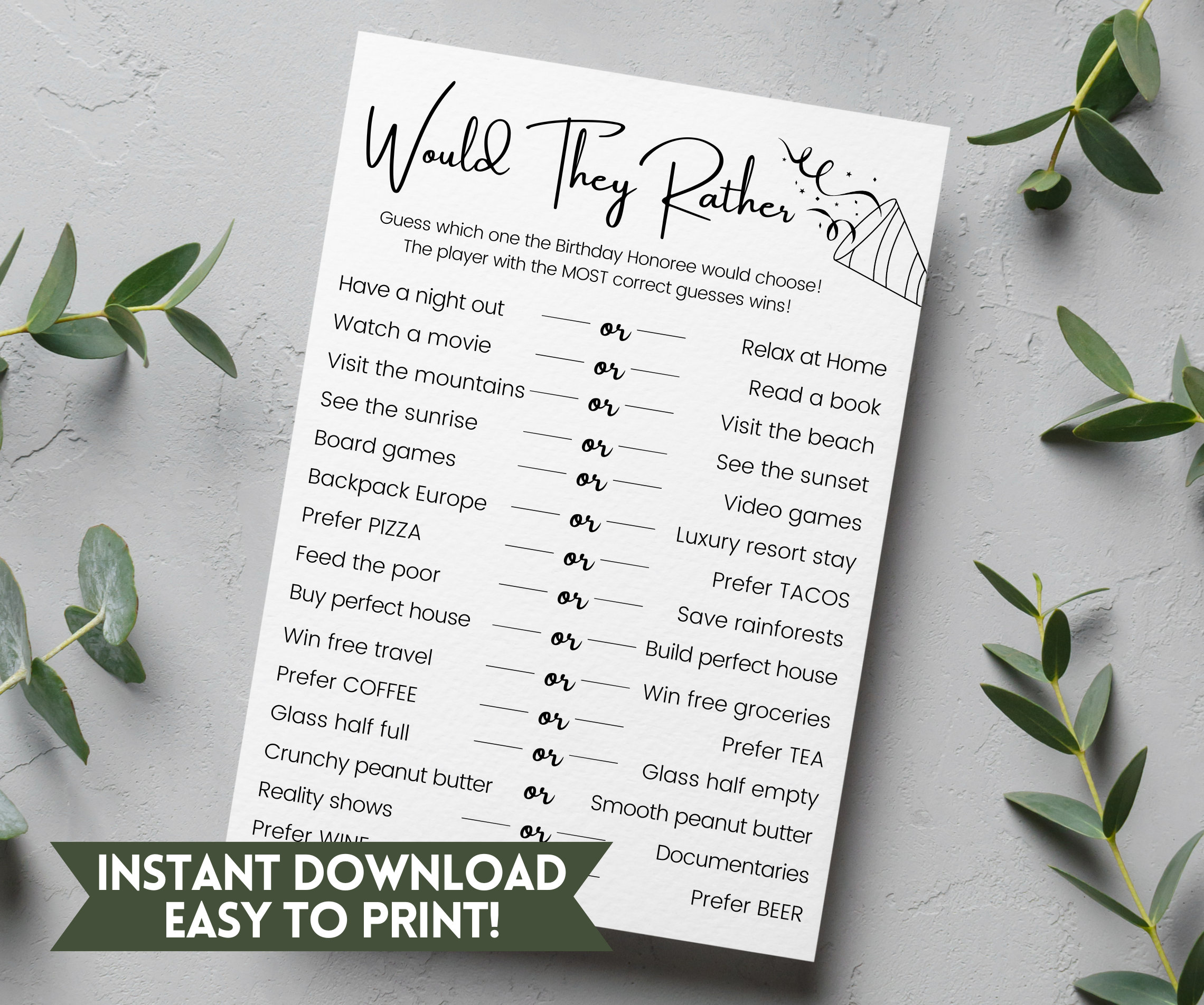 Would You Rather Birthday Game Printable Party Game, Adult Games ...