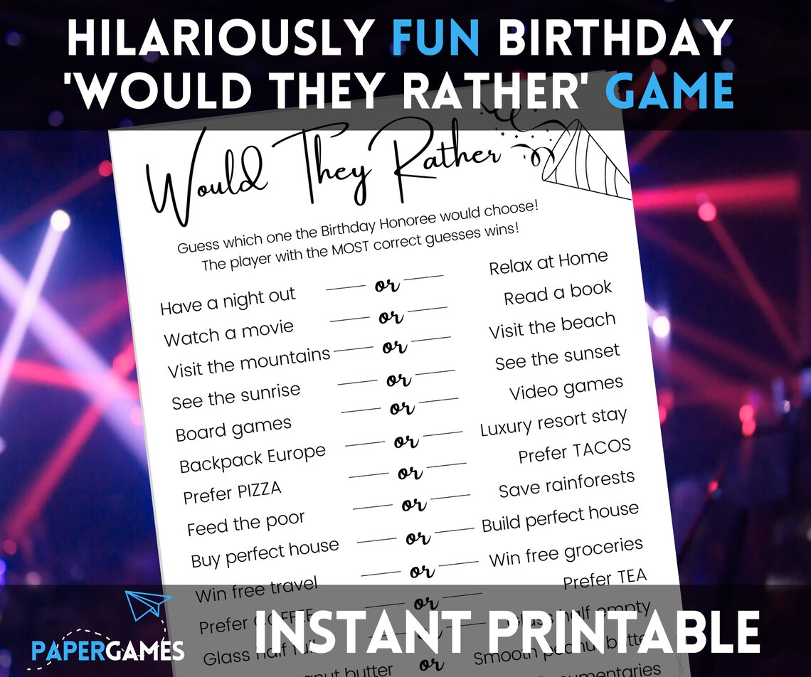 Would You Rather Birthday Game Printable Party Game, Adult Games ...