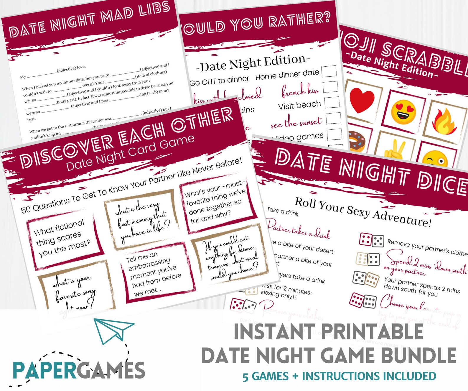 5 Fun And Sexy Date Night Games Bundle Instant Download Couples Date 