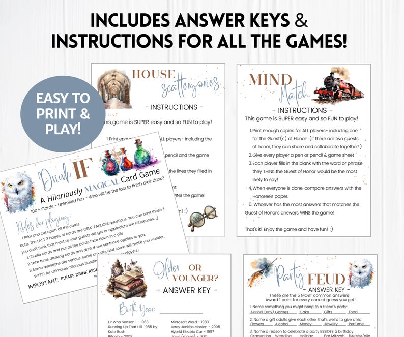 WIZARD BACHELORETTE PARTY Games Bundle Printable Party Games, Wizard