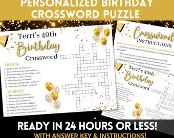 Custom Birthday Crossword Puzzle: GOLD Personalized Party Game Digital Download | 20th 30th 40th 50th 60th 70 80 Bday Games Printable Gift
