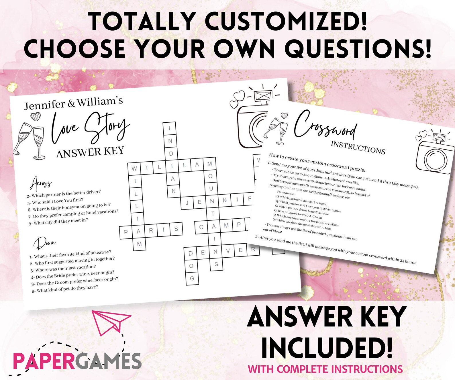 Custom Wedding Crossword Puzzle | Personalized Bridal Shower Crossword ...