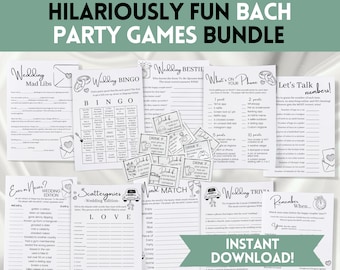 May include: A printable set of bachelorette party games with a black and white design. The games include "Wedding Mad Libs", "Wedding Bingo", "Wedding Bestie", "What's on Your Phone", "Let's Talk Numbers", "Ever or Never", "Scattergories", "Mind Match", "Wedding Trivia", and "Remember When".