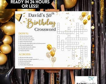 Custom Birthday Crossword Puzzle | Personalized Birthday Party Cross Word Game, Gold 20th 30th 40th 50th 60th 75th Bday Games Printable Gift