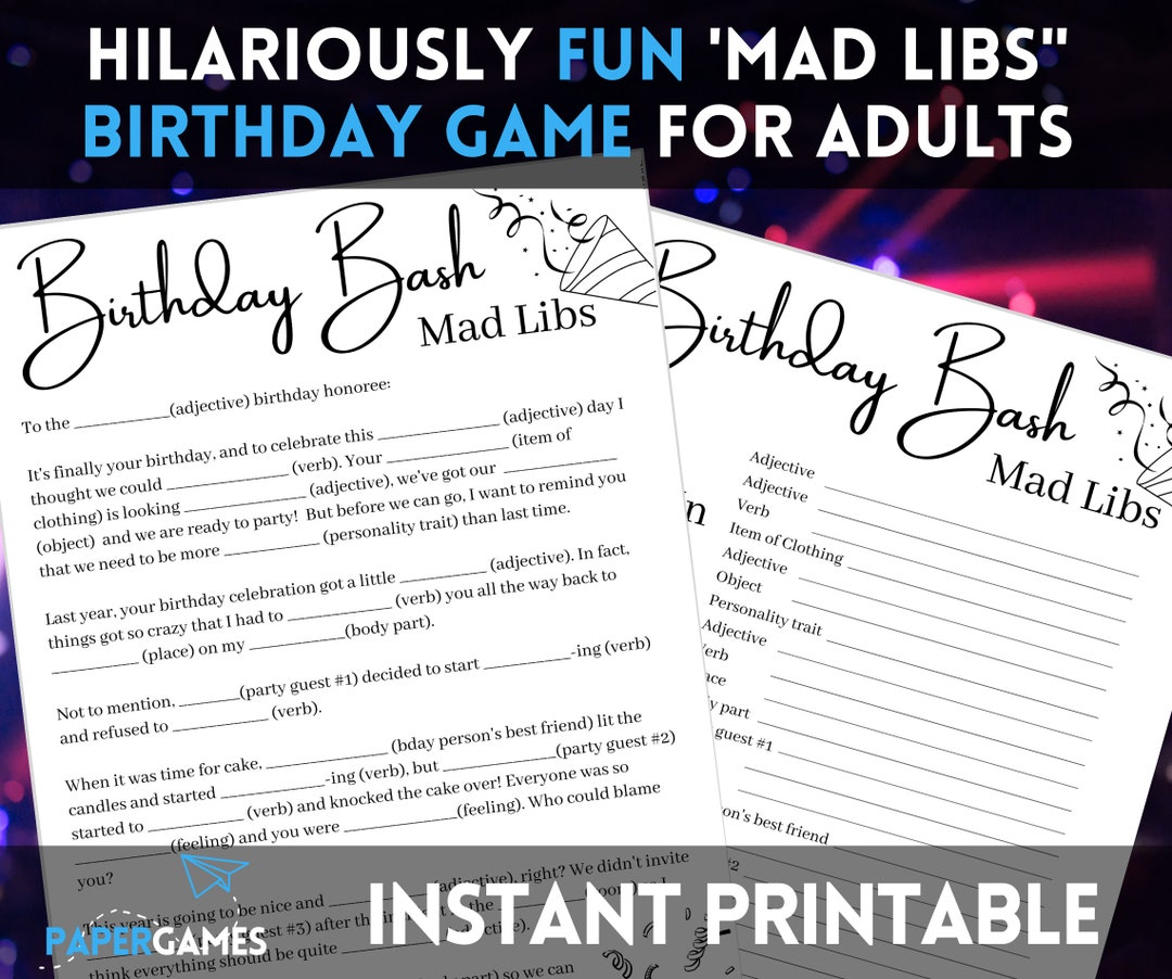 Funny Mad Libs Birthday Game Printable Party Game, Adult Games ...