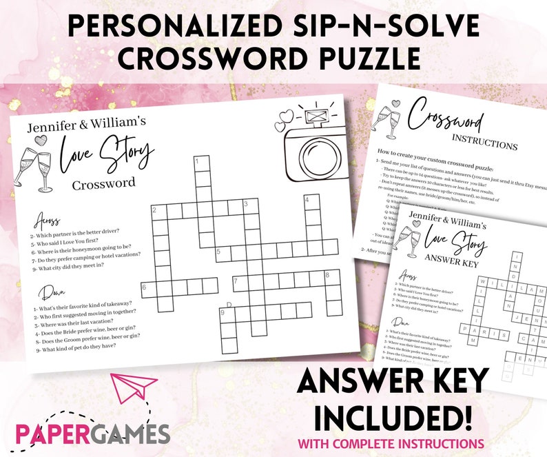 Custom Wedding Crossword Puzzle Personalized Bridal Shower Etsy