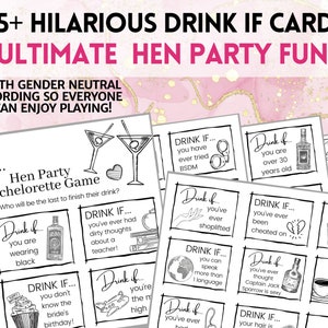 May include: A set of printable cards for a bachelorette party game. The cards feature black and white illustrations and text that says "Drink If..." followed by a humorous prompt. The text "75+ Hilarious Drink If Cards Ultimate Hen Party Fun!" is at the top of the image.