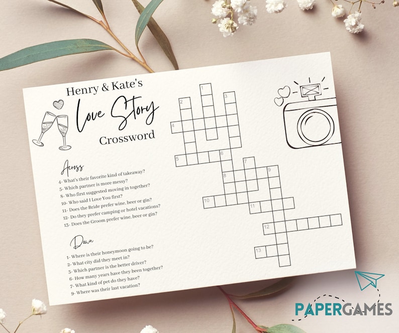 Custom Wedding Crossword Puzzle Personalized Bridal Shower Crossword