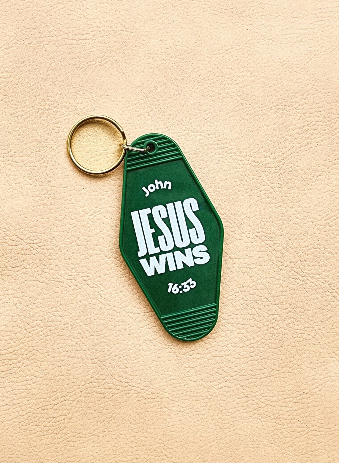 Jesus Wins Motel Style Retro Keychain Green Christian Accessories John