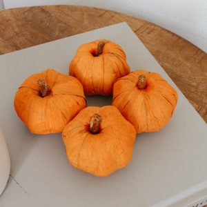 May include: Four small orange pumpkins arranged in a circle on a gray surface. The pumpkins are made of natural materials and have a rustic look.