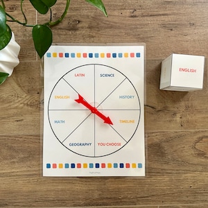 Op de afbeelding: Een witte papieren spinner met een rode pijl. De spinner heeft de volgende vakken: Engels, Wiskunde, Aardrijkskunde, Jij kiest, Tijdlijn, Geschiedenis, Natuurkunde en Latijn. Een witte kubus met het woord "ENGELS" erop staat in de rechterbovenhoek van de afbeelding.