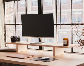 Solid Wood Monitor Stand, Dual Monitor Riser, Ergonomic Shelf, Book Storage