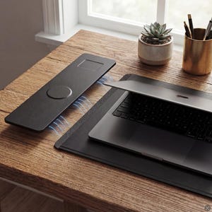 May include: A black rectangular wireless charging station with a circular charging pad and a square charging area, featuring blue light indicators. A dark gray laptop sits on a black desk mat next to the charger, with a succulent and pens nearby.