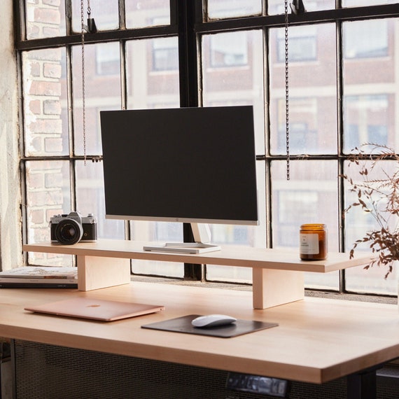 Solid Wood Monitor Stand, Dual Monitor Riser, Ergonomic Shelf, Book Storage