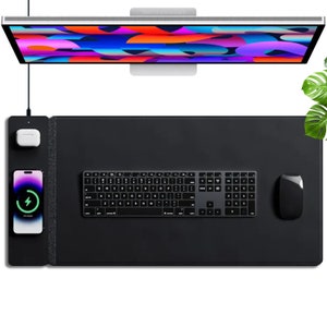 Wireless Charging Desk Pad, Reversible Felt & Vegan Leather, Waterproof, Detachable Magnetic Panel, Charge 2 Devices - Black | burotic