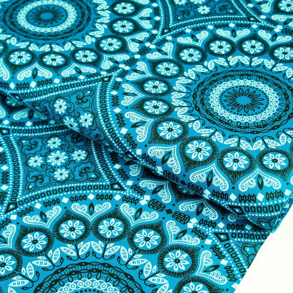 Shweshwe cotton fabric Turquoise Circular Flowers printed - ethnic fabric - meter goods from South Africa - African indigo fabric - from 0.5 meters