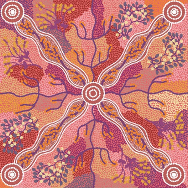 Tissu en coton Yuendumu Bush Tomato Rust - tissu ethnique Aborigène Design d'Australie Commerce équitable à partir de 0,5 mètre