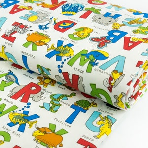 Tela de algodón Twill Fun Safari - Alphabet Zoo - con letras inglesas y animales - de colores, venta por metros a partir de 0,5 m