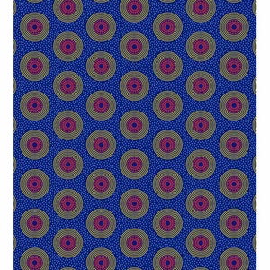 May include: A blue fabric with a repeating pattern of concentric circles in yellow, pink, and red. The background is a light blue with white dots. The text "DESIGN: 1H1299 491 100% COTTON • WIDTH: 89/90 CM" is at the bottom of the image.