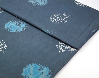 May include: A close-up of a folded piece of fabric with a blue background and white and blue speckled circles.