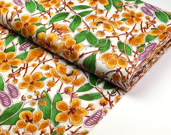 Cotton fabric Senna White Ethno fabric - Printed Aborigine design fabric from Australia - flowers & plants, fair trade from 0.5 meter
