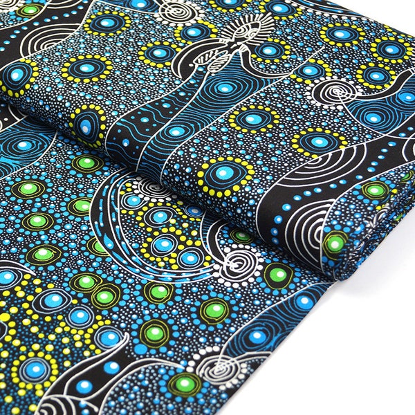 Cotton fabric Dancing Spirit People Blue - Ethno fabric blue - Printed Aborigine design fabric from Australia - Fair trade from 0.5 meter