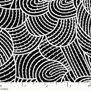 May include: Black and white fabric with a repeating pattern of curved lines and dots. The pattern resembles Aboriginal art.