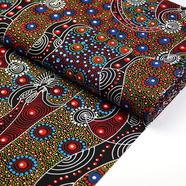 Tissu en coton Dancing Spirit People Rouge - Tissu ethnique coloré - Tissu imprimé design aborigène d'Australie - Commerce équitable à partir de 0,5 mètre