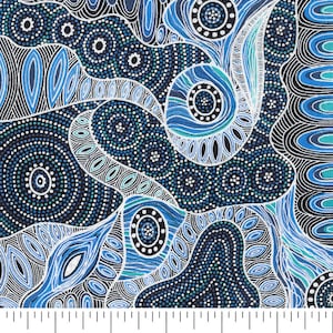 Puede incluir: Tela abstracta con un patrón azul, blanco y negro. El patrón presenta círculos, puntos y líneas. La tela se mide en pulgadas.