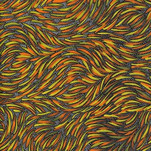 May include: Abstract art print featuring a swirling pattern of yellow, orange, and red lines on a black background. The lines are arranged in a wave-like pattern, creating a sense of movement and energy.