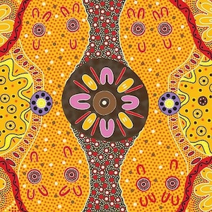 May include: A colourful abstract pattern with a central brown circle containing a pink flower design. The background is a yellow colour with red, brown, and white dots.