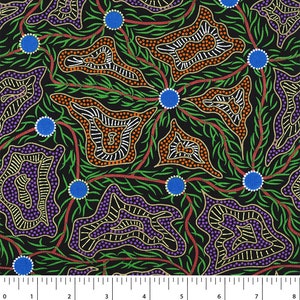 May include: Black fabric with a vibrant, abstract design. The pattern includes orange, white, and purple shapes with dotted details, linked by green and red lines, and blue circles. The design repeats across the fabric.