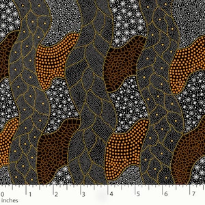 May include: Abstract pattern fabric with a black background, featuring a design of orange, brown, and white dots and swirls. The fabric is a repeating pattern.