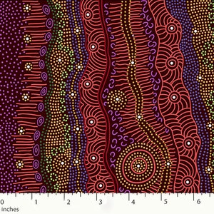 Cotton fabric Gathering By The Creek Burgundy Ethno fabric - Printed Aborigine design fabric from Australia - Fair trade from 0.5 meter