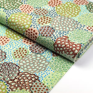 May include: Green, blue and brown fabric with a repeating pattern of stylised flowers. The fabric is folded and rolled.
