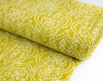 Tissu d'ameublement Expressions Damask Chartreuse - tissu d'ameublement jaune moutarde, tissu d'ameublement en coton - vendu au mètre 100% fibre naturelle - à partir de 0,5 mètre