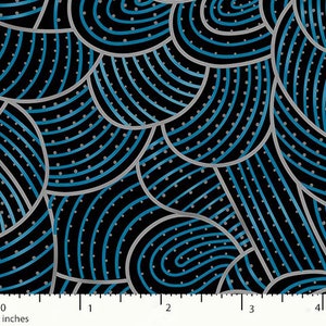 May include: Abstract fabric with a black background and a pattern of blue and grey curved lines and dots.