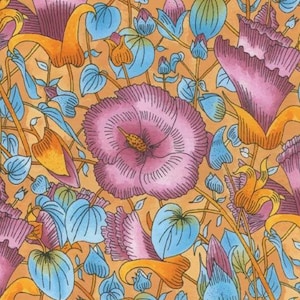 May include: A detailed watercolour floral pattern. Large pink flowers with yellow centres are surrounded by blue leaves and orange accents. The design is set against a warm, golden-orange background, creating a vibrant botanical illustration.