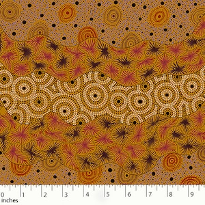 Tecido de algodão Wild Seed and Waterhole Yellow Tecido étnico - Tecido com estampa de design aborígene da Austrália - Comércio justo a partir de 0,5 metros