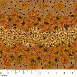 Cotton fabric Wild Seed and Waterhole Yellow Ethno fabric - Printed Aboriginal design fabric from Australia - Fair trade from 0.5 meter