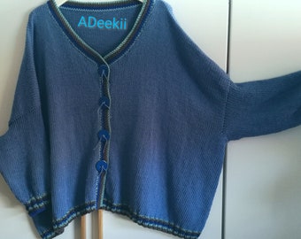 Cardigan, hand-knitted, plus size, oversized, layered look, casual in shades of blue, made of soft cotton