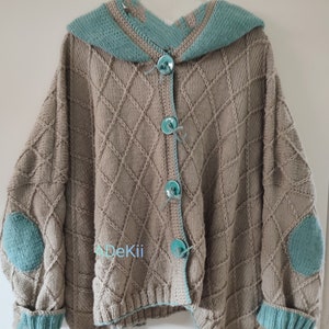 Cardigan Hoodie hand-knitted Plus Size Oversize Lagenlook soft in sand colors and verdigris