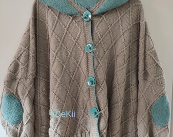 Cardigan Hoodie Hand Knitted Plus Size Oversize Lagenlook Soft in Sand and Verdigris