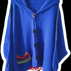 Strickjacke Hoodie handgestrickt Plus Size Oversize Lagenlook in strahlendem Royalblau weich und kuschelig